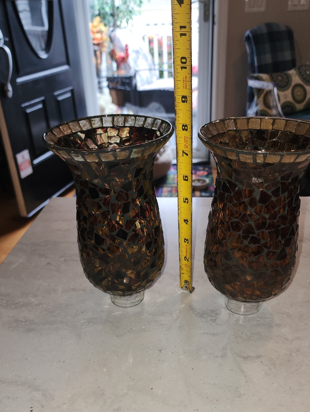 Mosaic Glass Hurricane Vase - Amber Brown